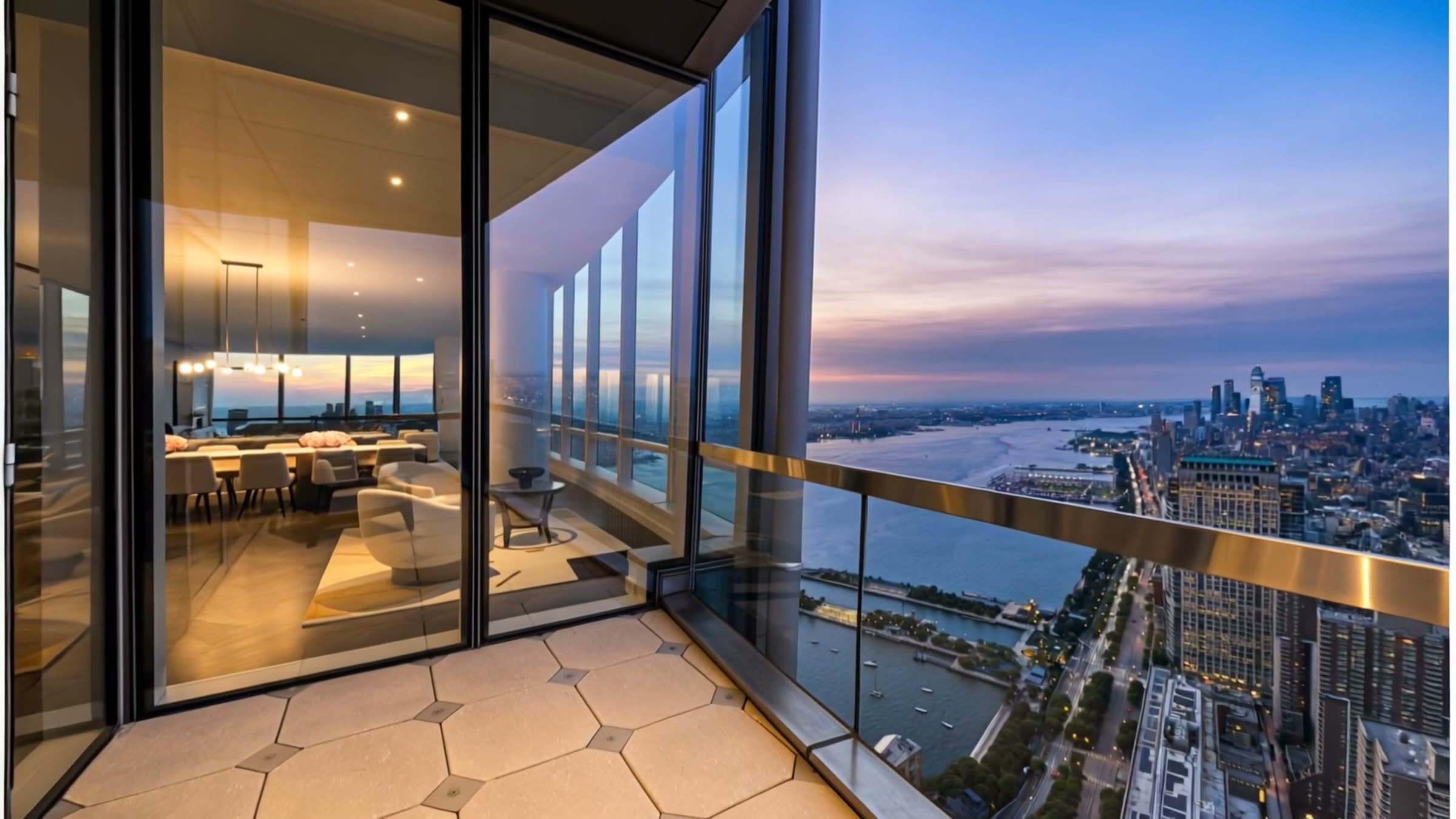 Curved living room at sunset
